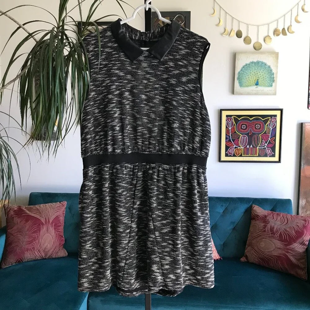 VICTORIA'S SECRET size XL Black & Cream Marled Knit Faux Leather Dress Pockets